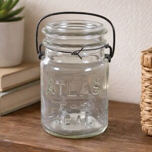 Vintage Atlas E-Z Seal Glass Jar Wire Bail Lid 5x3 Clear Embossed